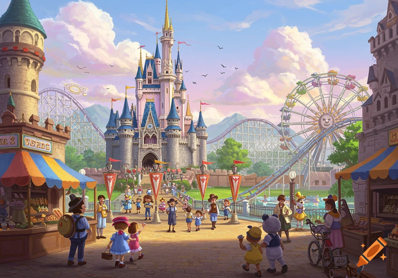 An illustration of a vibrant fantasy theme park with a grand castle, roller coaster, and Ferris wheel under a cloudy sky. Cartoon characters stroll through the park.