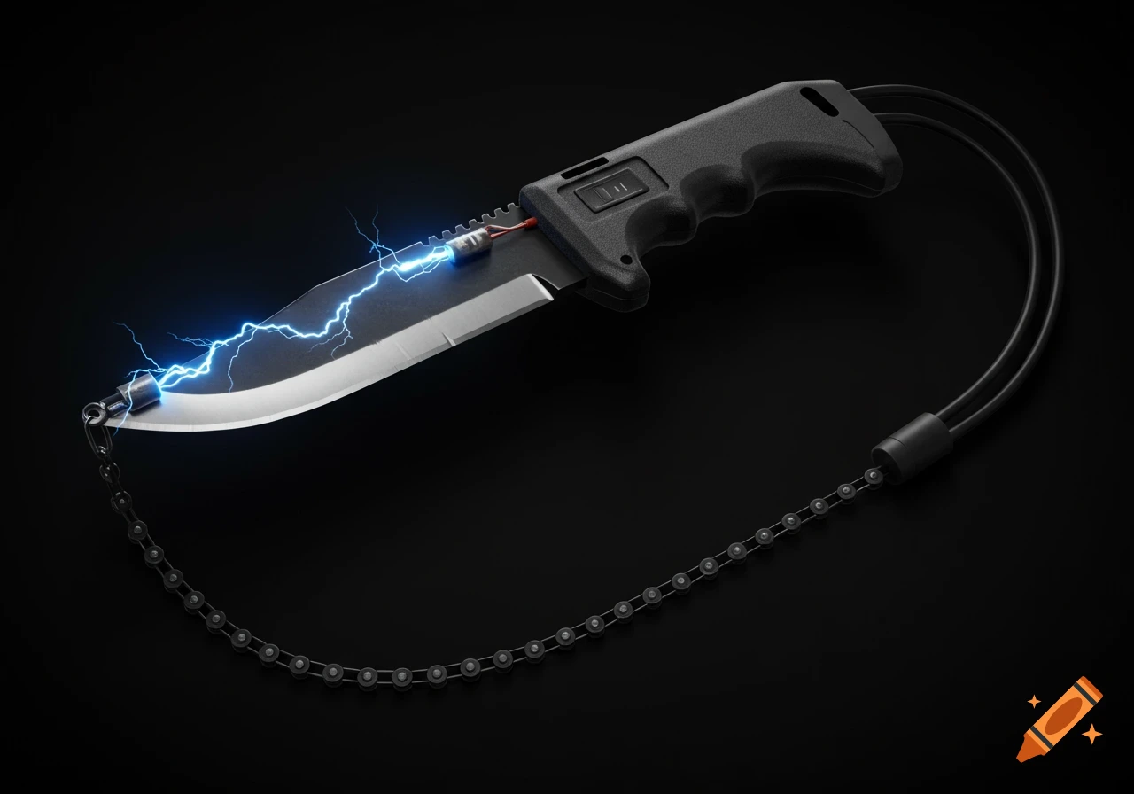 A photorealistic black electric knife with a sparking blue electric arc on its blade, attached to a long metal chain, on a dark background.