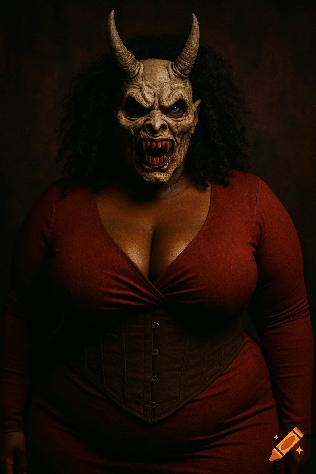 A full-figured person in a red dress and corset, wearing a horned demon mask. Dark, horror photoshoot style.