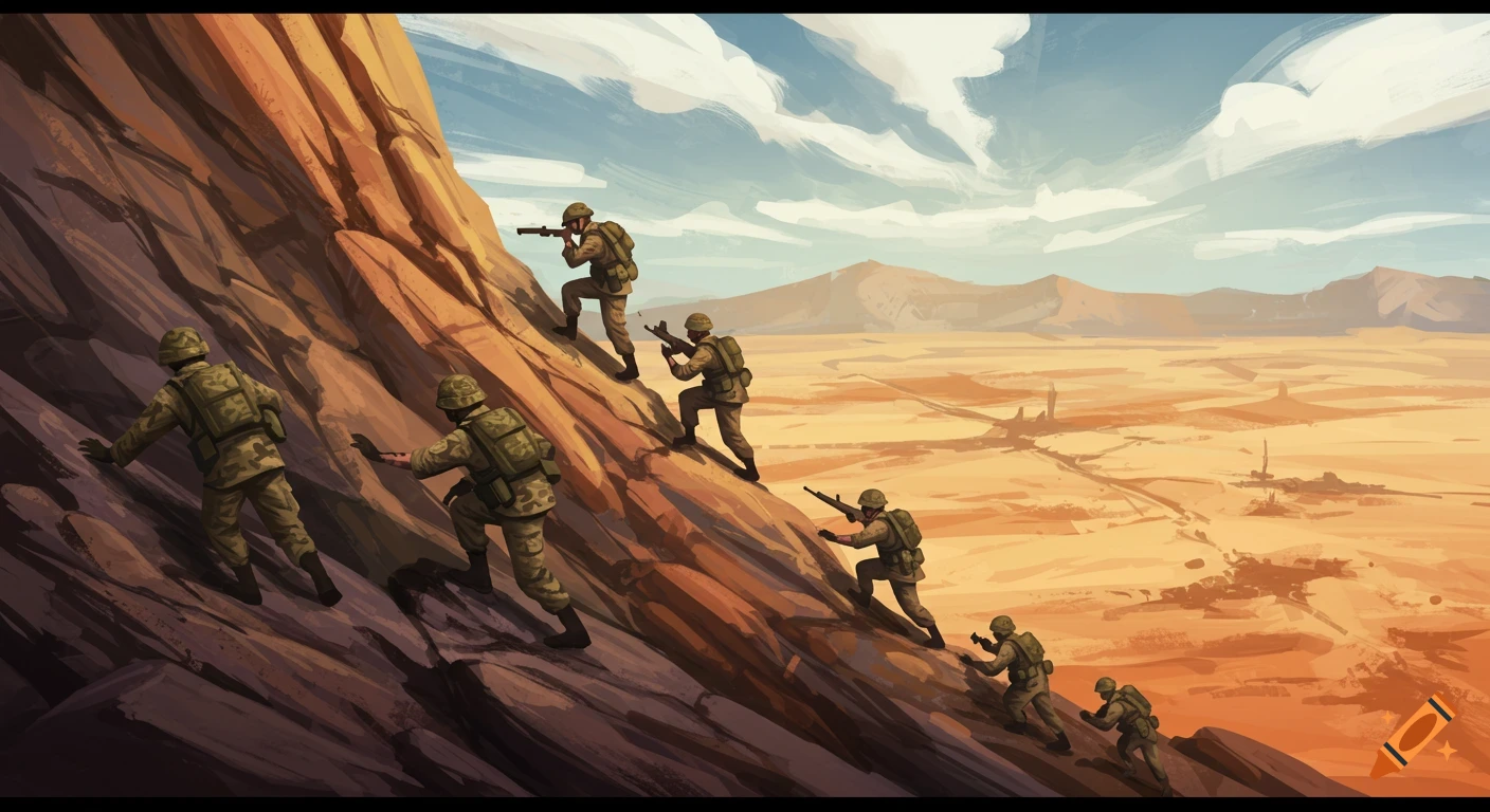 Soldiers in camouflage climb a rocky mountain in a vast desert landscape, stylized in graphic novel art.