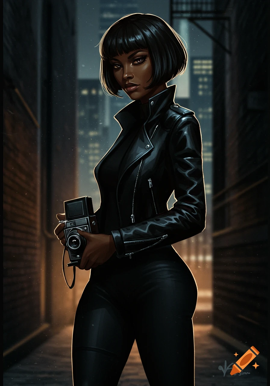 A dark-skinned woman with a bob haircut wears a black leather jacket and pants, holding a vintage camera in a dark alley with city lights in the background. Digital art style.