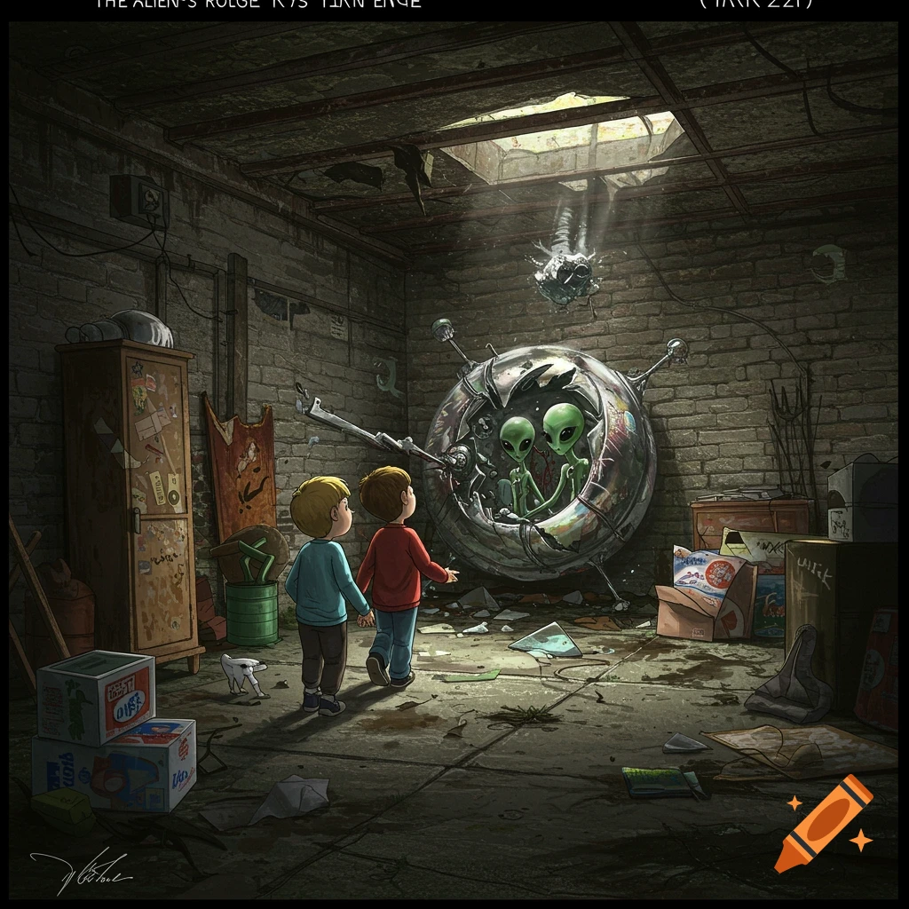 Two young boys stand in a dimly lit, cluttered basement, looking at a crashed alien spaceship containing two green aliens.