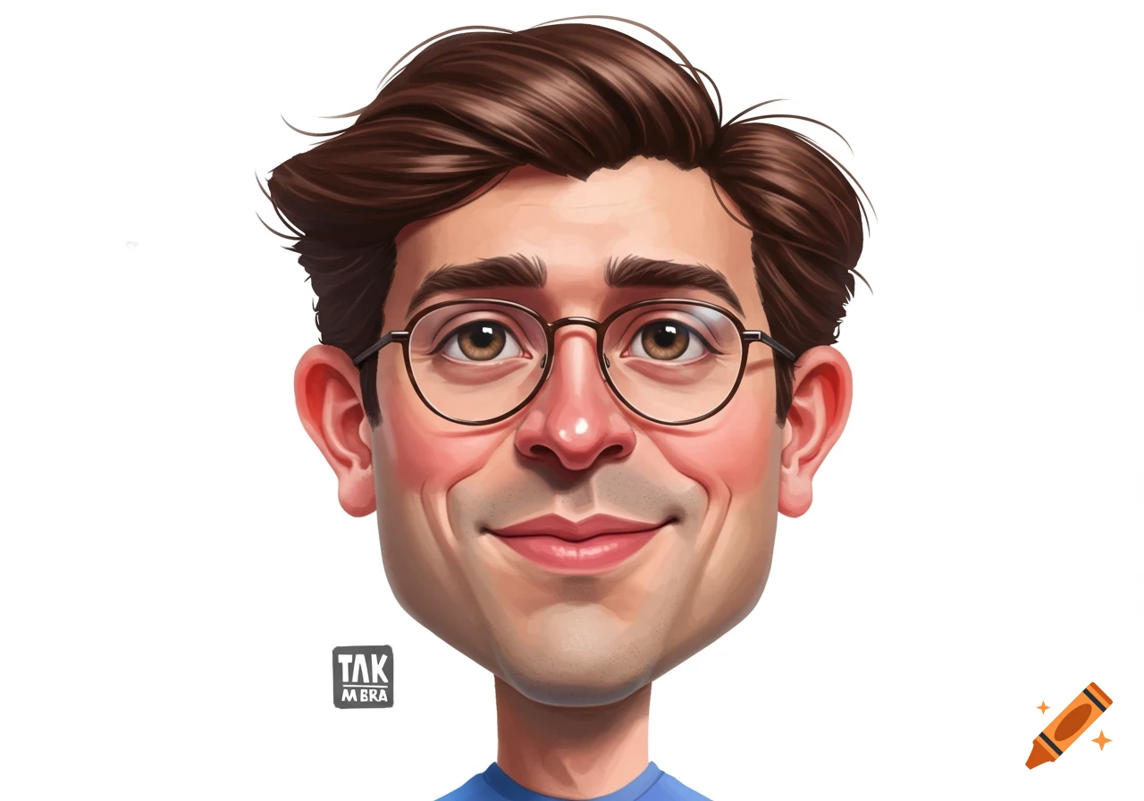 A cartoon caricature of a smiling man with brown hair and glasses.
