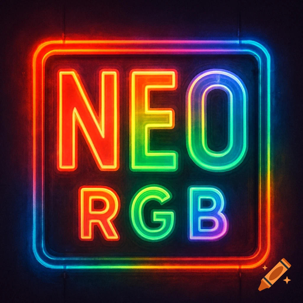 A vibrant neon sign glows with rainbow colors, displaying the word 'NEO' above 'RGB' within a rectangular border.