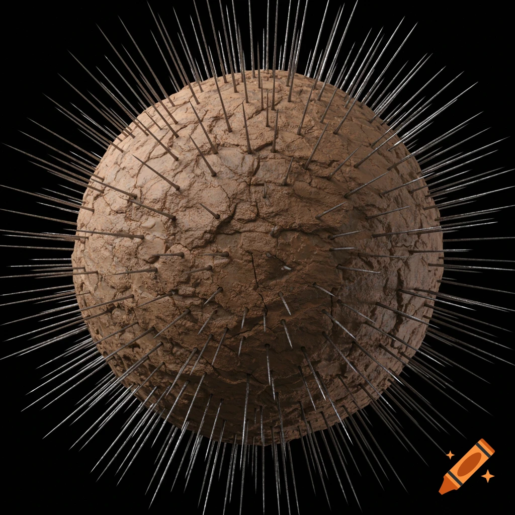 A textured brown sphere resembling cracked earth or clay, covered in numerous sharp, thin silver needles protruding outwards against a black background.