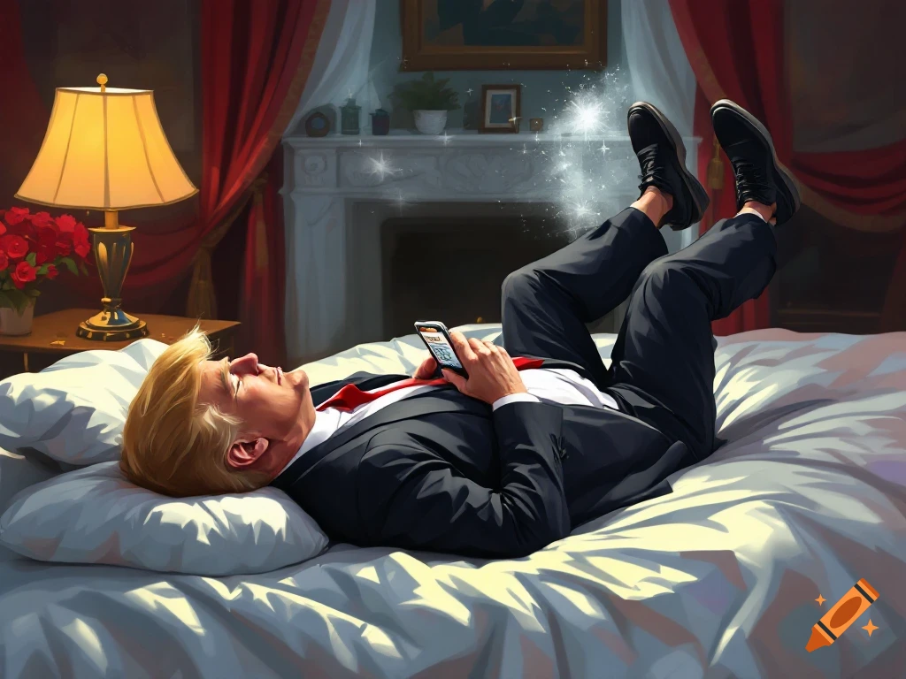 Donald Trump lies on his back on a bed, wearing a suit and tie, looking at a phone with his legs propped up. The room features red curtains and a lamp.