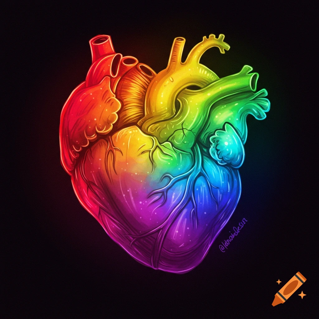 Stylized human heart in rainbow colors with anatomical details on a dark background.