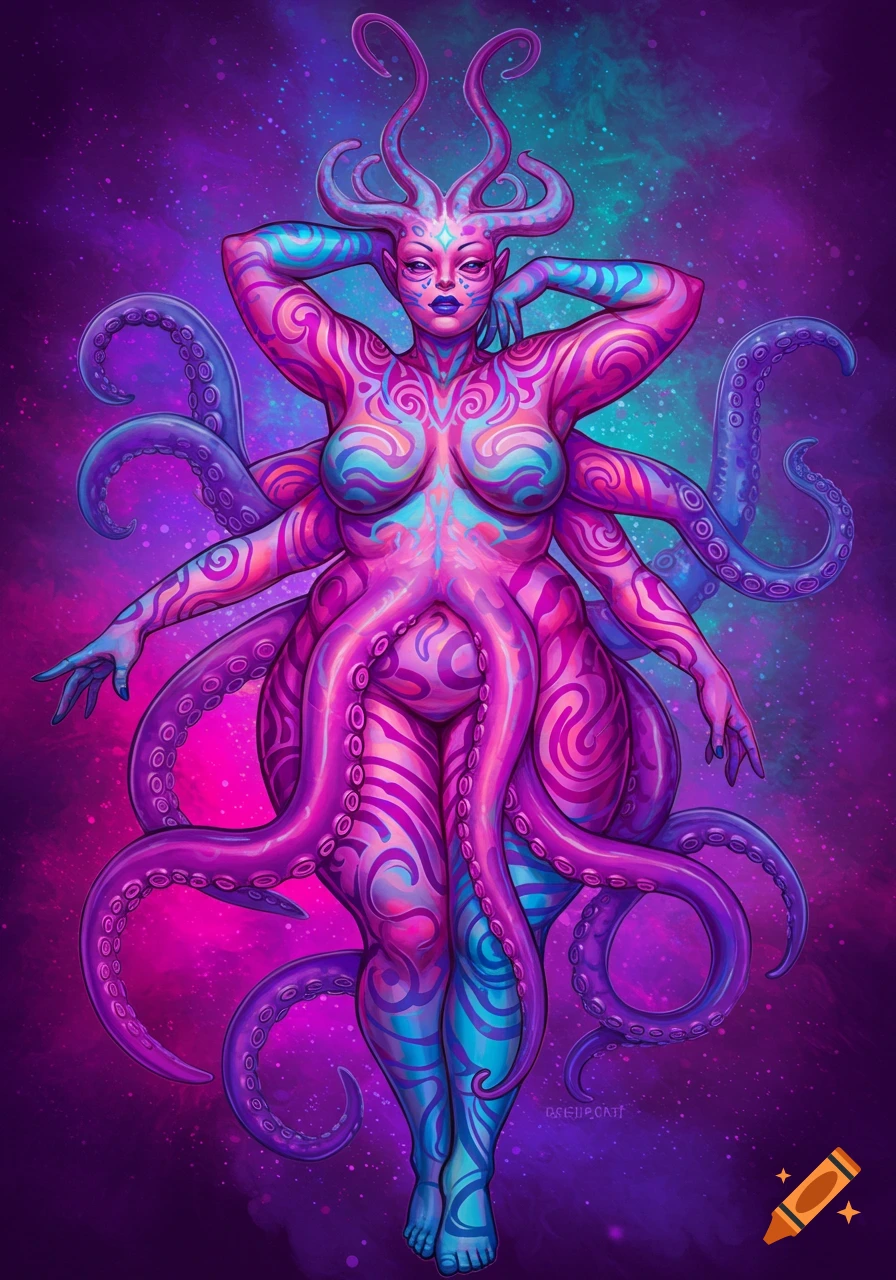 A vibrant, multi-limbed alien woman with tentacles and intricate patterns on her skin, set against a cosmic background.