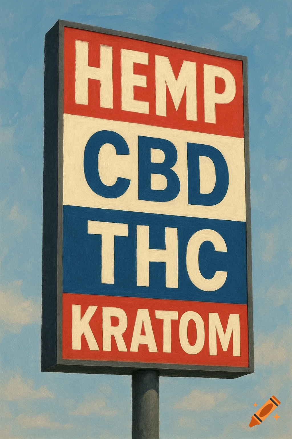 A red, white, and blue pole sign advertises HEMP, CBD, THC, and KRATOM against a blue sky in a painted style.