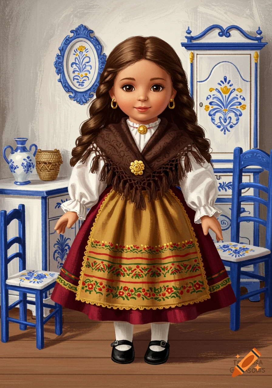 Illustration of a brown-haired doll in a Portuguese folk costume, standing in a room with blue and white painted furniture.
