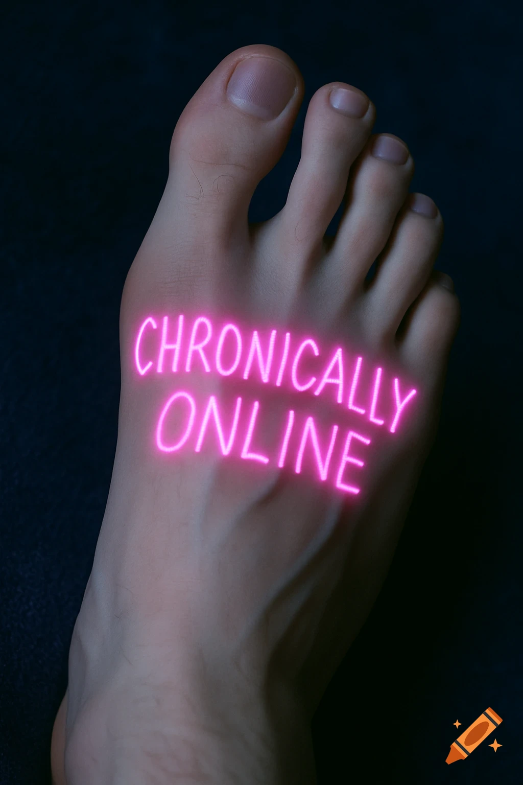 A human foot with the words 'CHRONICALLY ONLINE' glowing in neon pink on its skin.