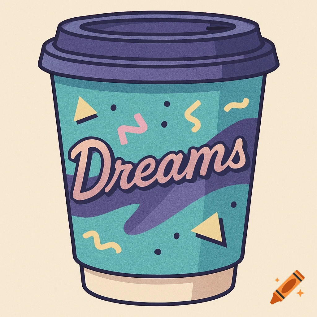 A vibrant 90s-themed illustration of a teal coffee cup with a purple lid, adorned with colorful abstract shapes and the word 'Dreams' in a retro font.