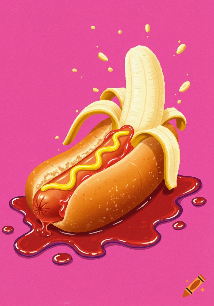 A vibrant pop art illustration depicts a hotdog inside a peeled banana, drizzled with ketchup and mustard, on a hot pink background.