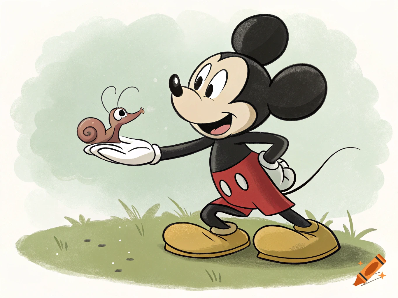 Cartoon Mickey Mouse holding a snail on his palm, standing on grass with a green sky background.