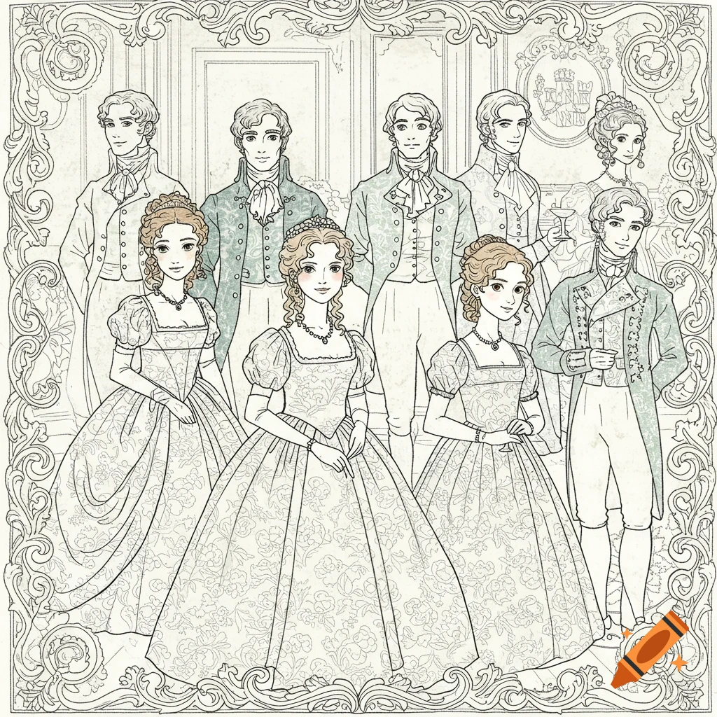 A detailed line art coloring page depicting several men and women in Regency-era formal attire, framed by an ornate border.