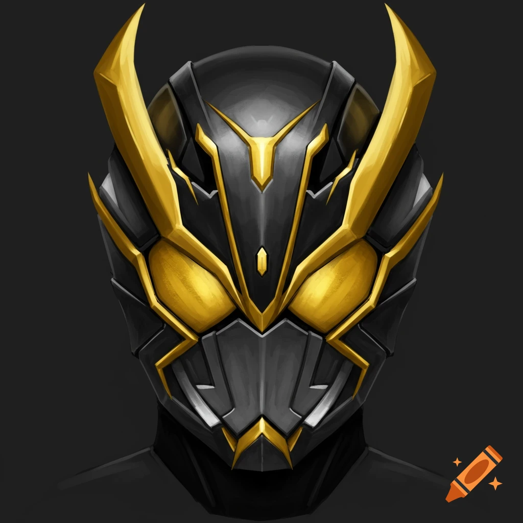 A black and gold angular tokusatsu helmet with a sleek visor and eye cutouts, against a dark background.