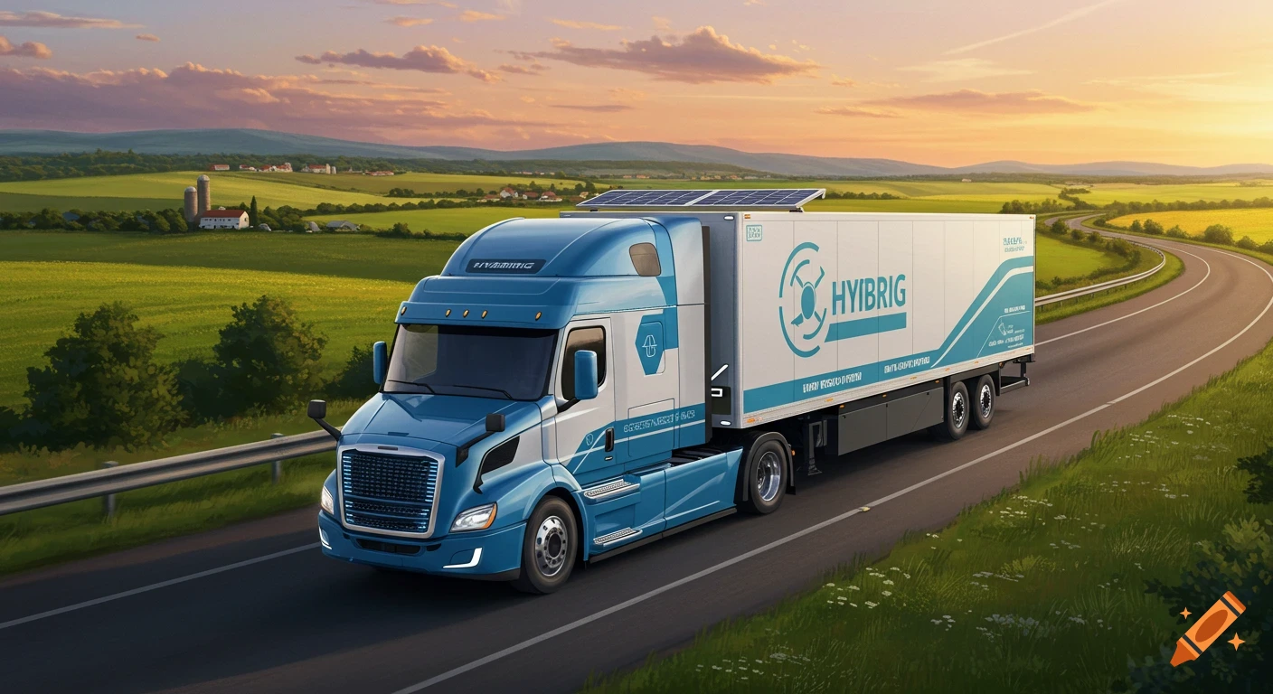 A blue and white electric hybrid semi-truck with solar panels drives on a winding road through a green countryside at sunset.
