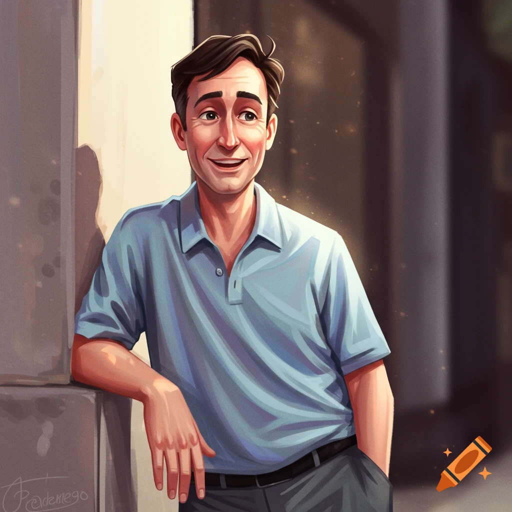 Digital painting of a smiling man in a blue polo shirt leaning against ...