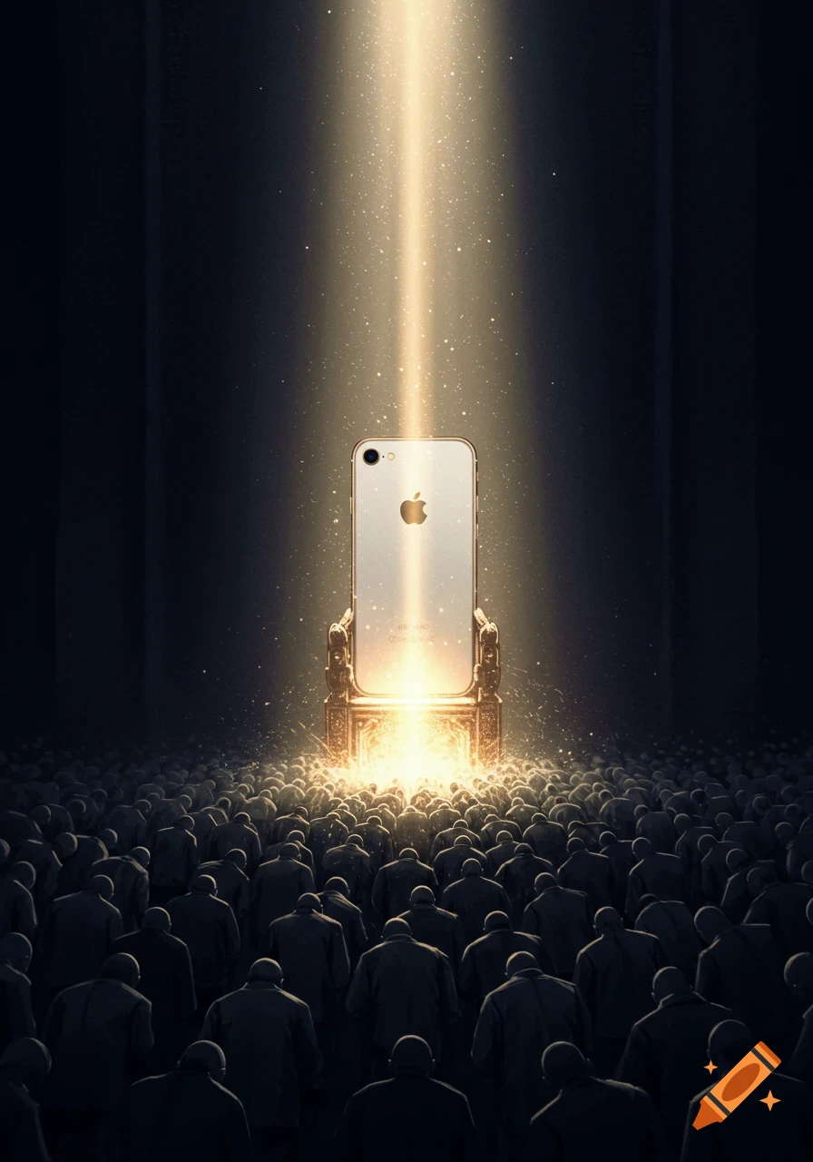 An iPhone sits on a glowing throne, illuminated by a beam of light, as a crowd of dark figures bows before it.