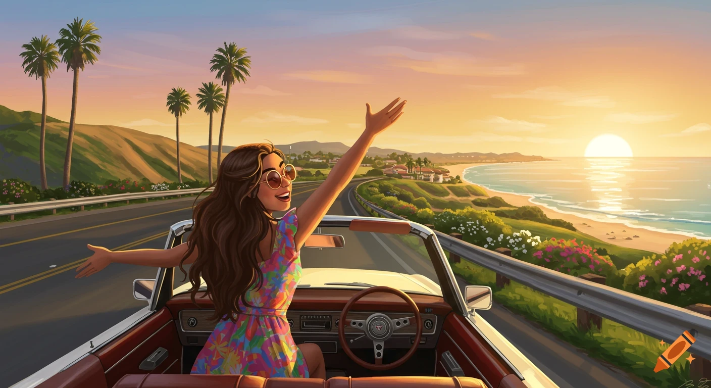 An illustrated woman with long brown hair drives a convertible along a coastal highway at sunset, arms outstretched in joy.