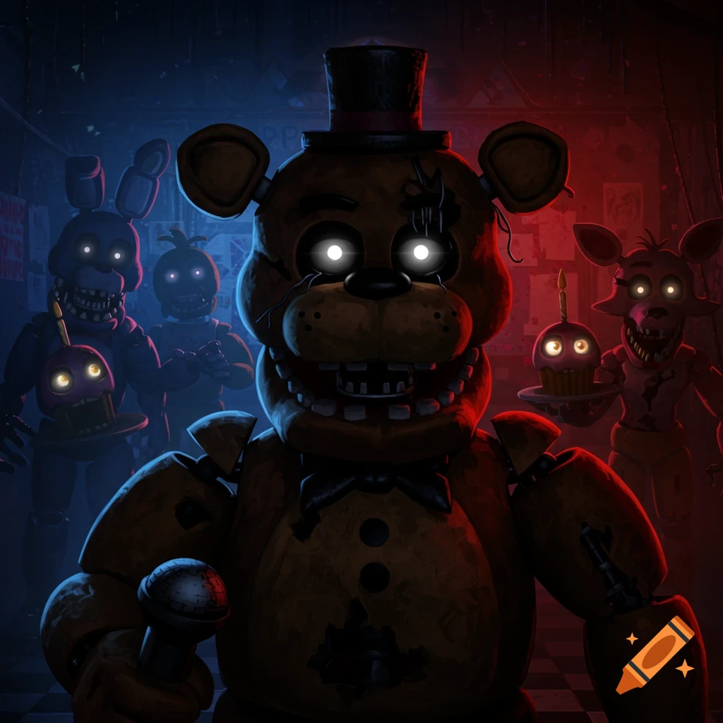 A dark, atmospheric digital illustration of Freddy Fazbear and other animatronic characters from Five Nights at Freddy's, with glowing eyes in a red and blue lit room.