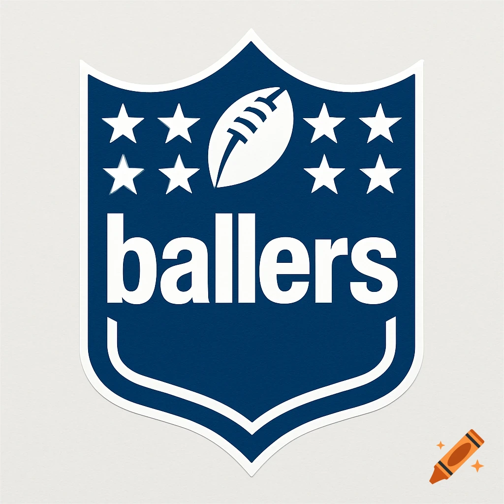 A blue shield-shaped logo resembling the NFL shield, with white stars, a white football, and the word "ballers" in white.