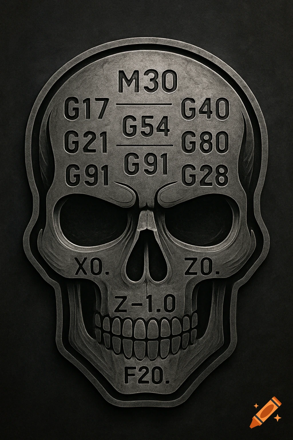 A dark gray metallic or stone skull embossed with various CNC commands and codes like M30, G17, and X0.