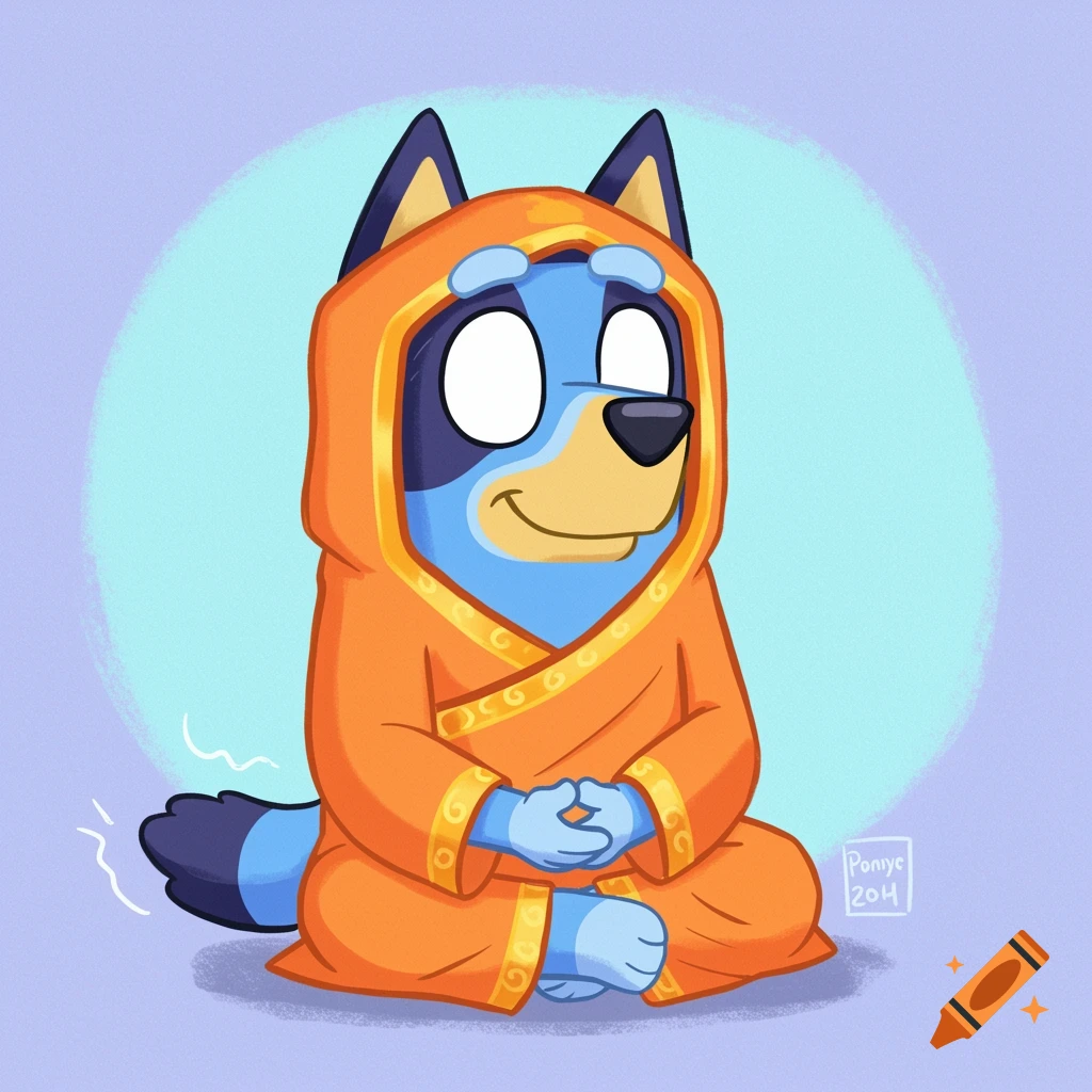 Bluey, the cartoon dog, meditating cross-legged in an orange robe against a light blue background, in the Bluey art style.