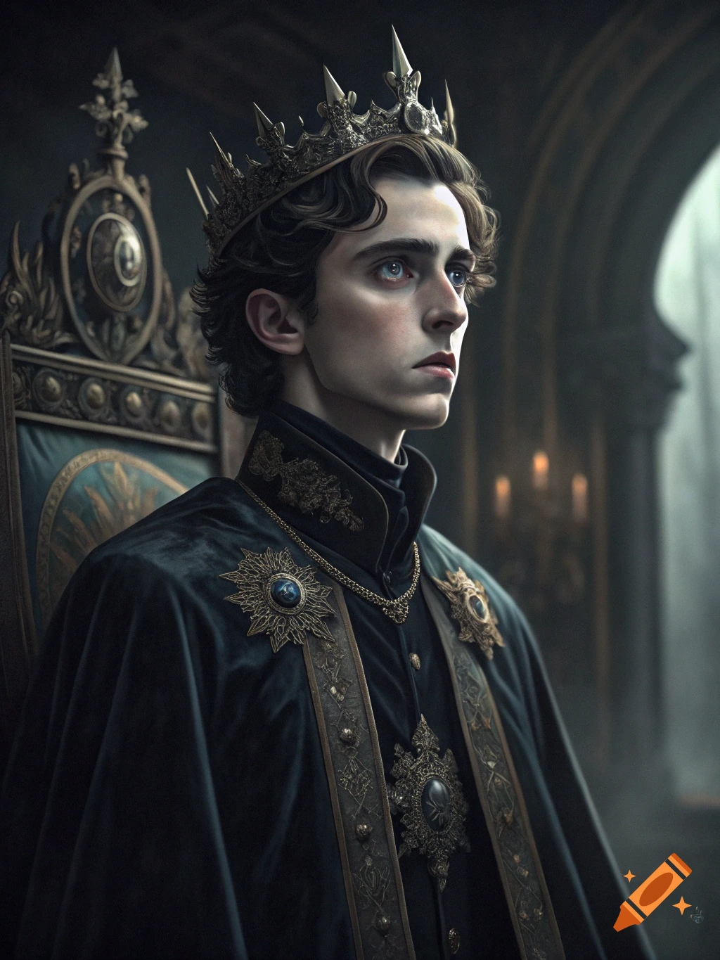 A solemn young man with a crown and regal cloak sits on a throne in a dark, ornate hall, looking to the side.