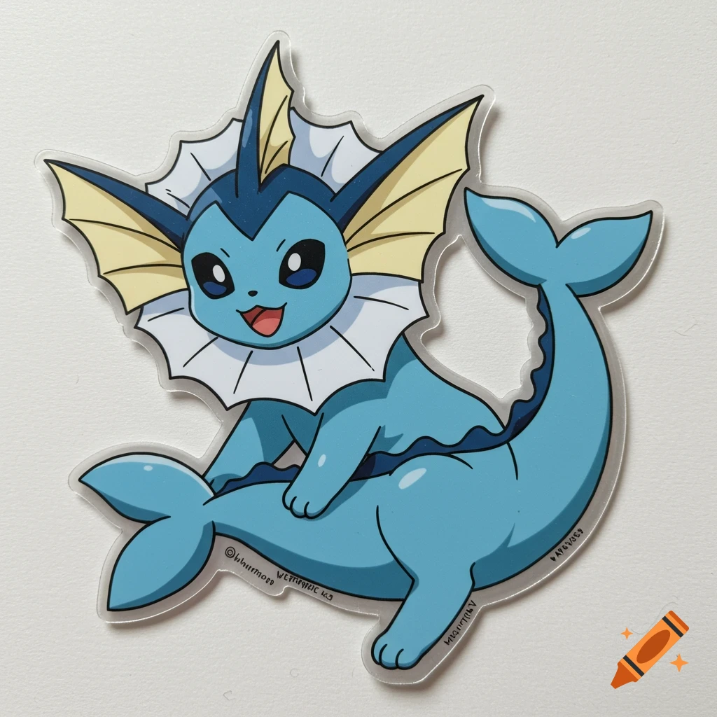 A cute blue Vaporeon Pokémon sticker with yellow fins, white frill, and a happy expression, isolated on a white background.