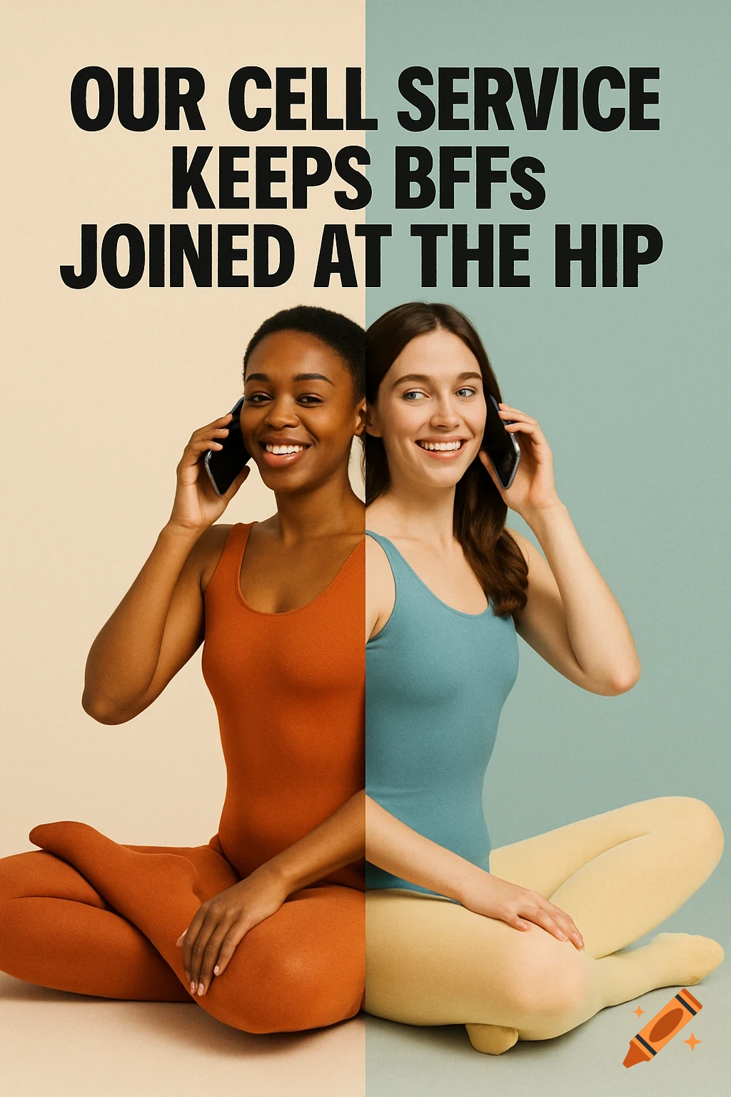 Two women, merged at the torso in colorful leotards, sit in lotus pose talking on phones. Text: OUR CELL SERVICE KEEPS BFFS JOINED AT THE HIP.