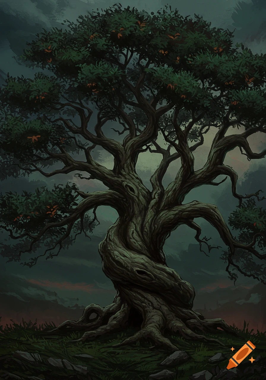 A gnarled, dark green tree with twisted branches against a moody, cloudy sky, in a digital painting style.