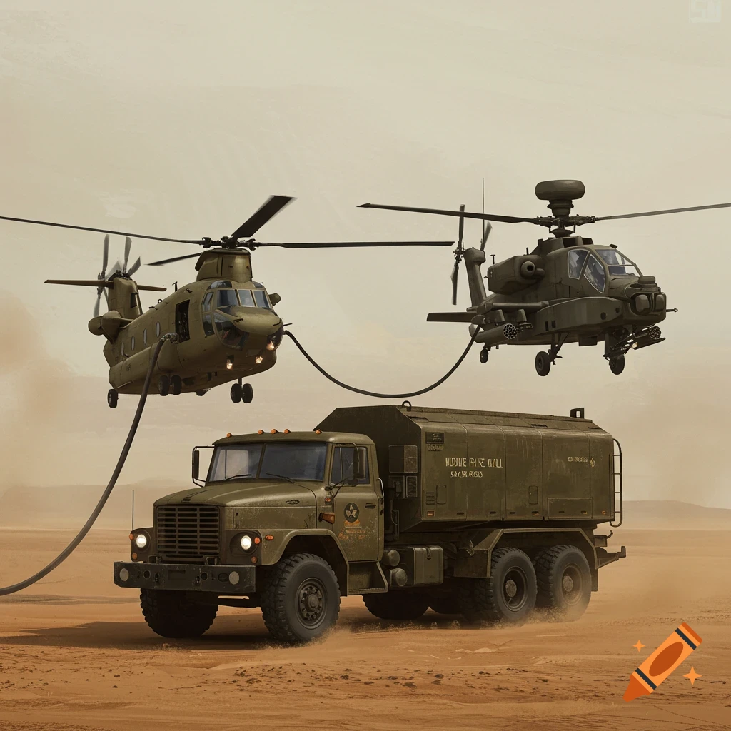 Two military helicopters, a Chinook and an Apache, refuel from a large fuel truck in a sandy desert.