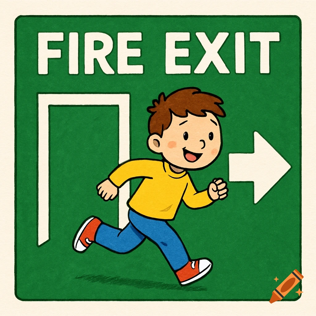A cartoon child running, with a happy expression, on a green fire exit sign that reads 'FIRE EXIT' with an arrow pointing right.