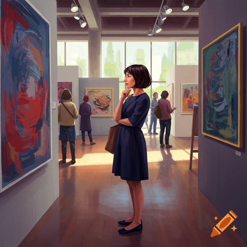 People observe colorful abstract paintings in a sunlit modern art gallery.