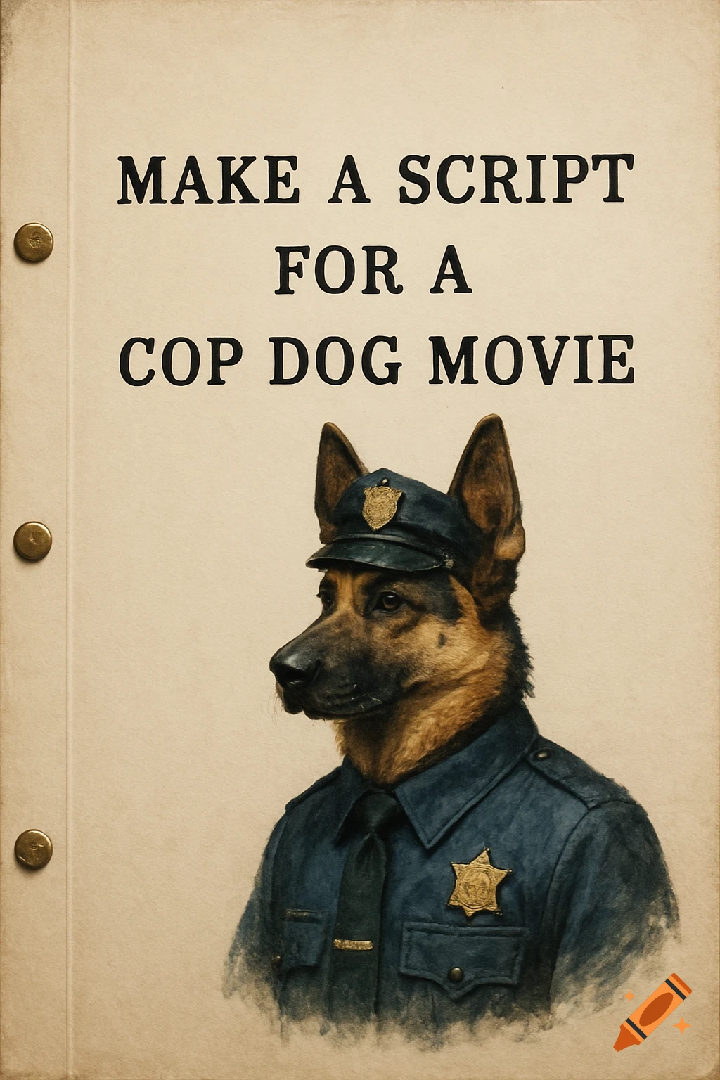 A beige script cover with the title "MAKE A SCRIPT FOR A COP DOG MOVIE" and an illustration of a German Shepherd dog in a police uniform.