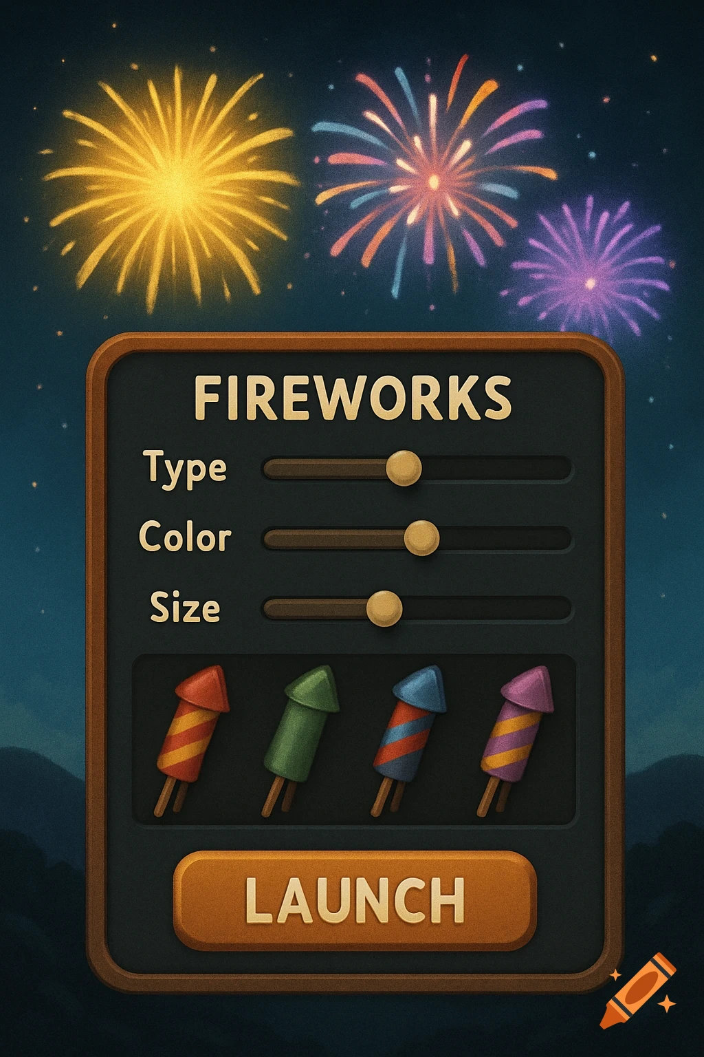 A UI panel for a fireworks application, featuring sliders for type, color, and size, a 'LAUNCH' button, and colorful fireworks in the night sky.