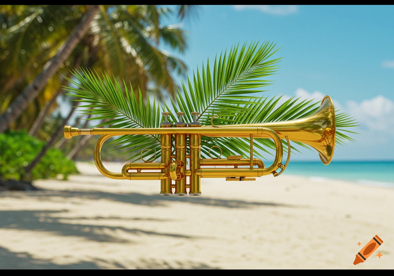 A shiny golden trumpet with palm fronds sits on a tropical beach with palm trees and blue ocean.
