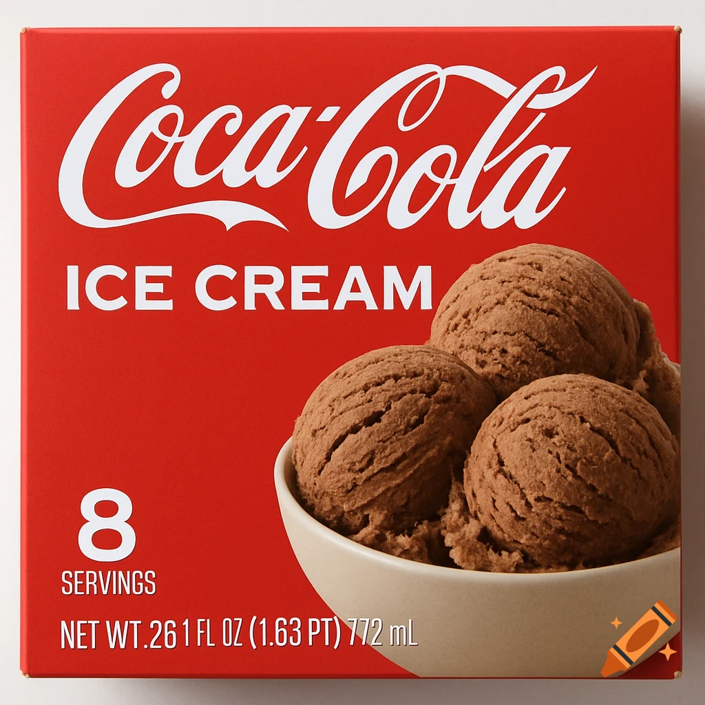 Photorealistic red Coca-Cola ice cream box showing three scoops of chocolate ice cream in a bowl.