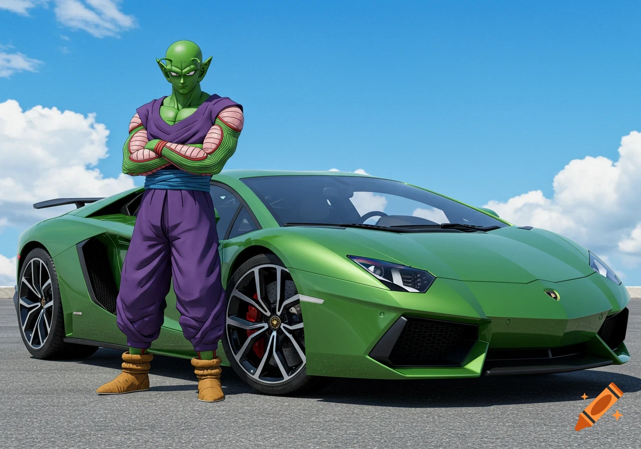 Piccolo from Dragon Ball, a green-skinned humanoid with arms crossed, stands next to a green Lamborghini Aventador under a blue sky.