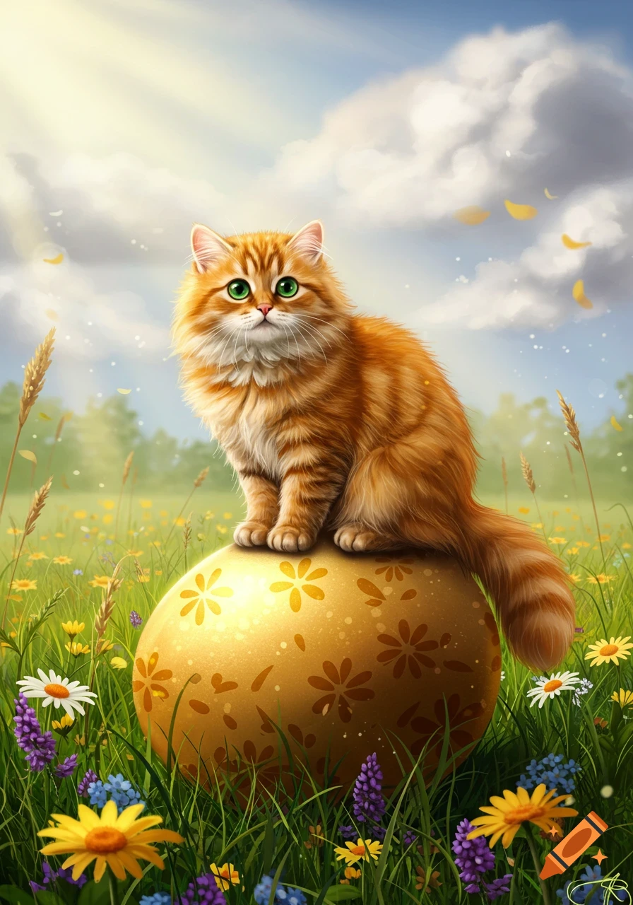 A fluffy orange cat with green eyes sits on a large golden Easter egg in a field of colorful wildflowers under a sunny sky.
