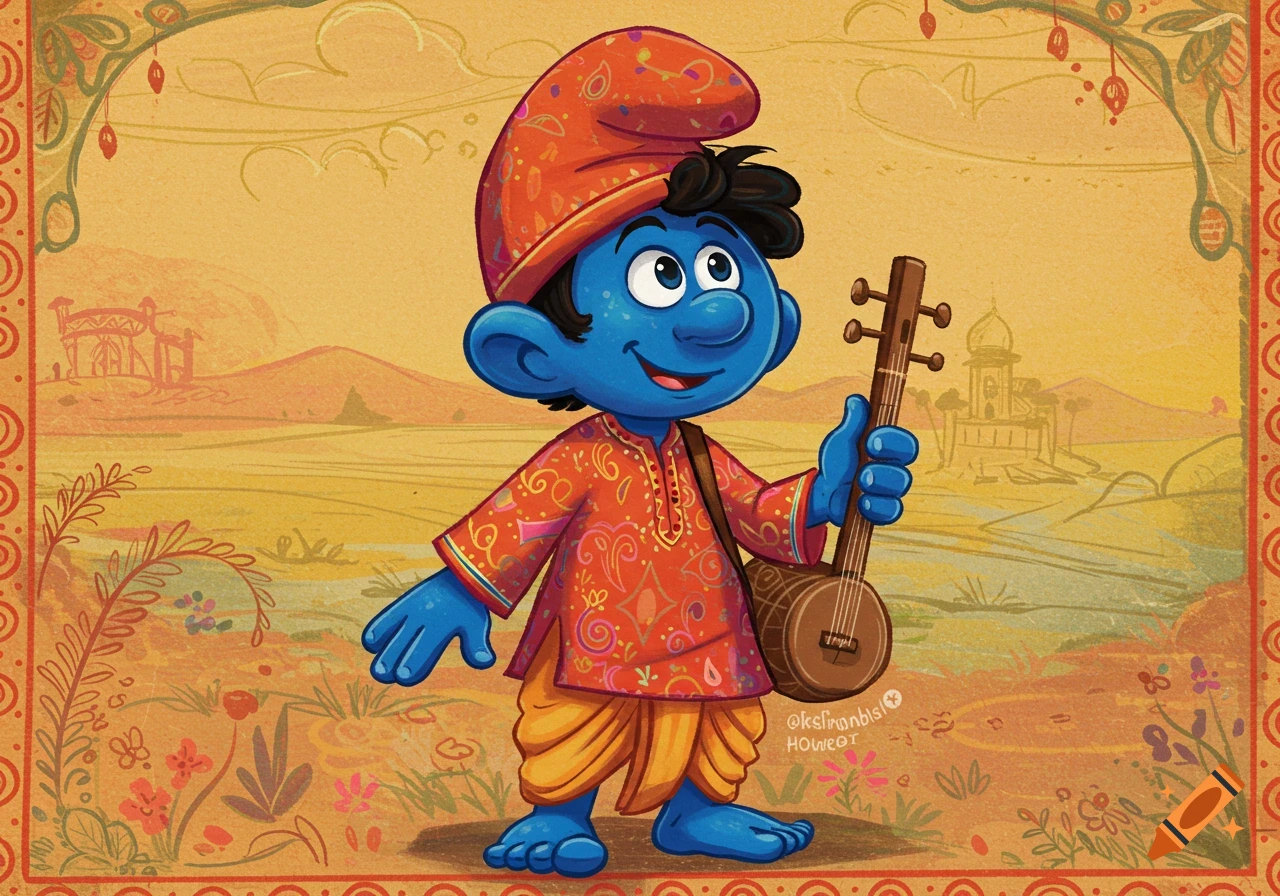 A blue Smurf-like character in traditional Indian attire and turban, holding a stringed instrument, stands in a stylized desert landscape.