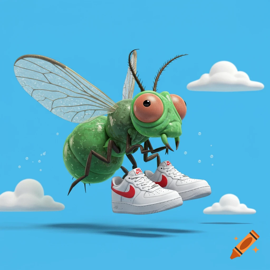 A cartoon green fly with large red eyes flies through a blue sky with clouds, wearing white and red Nike sneakers.
