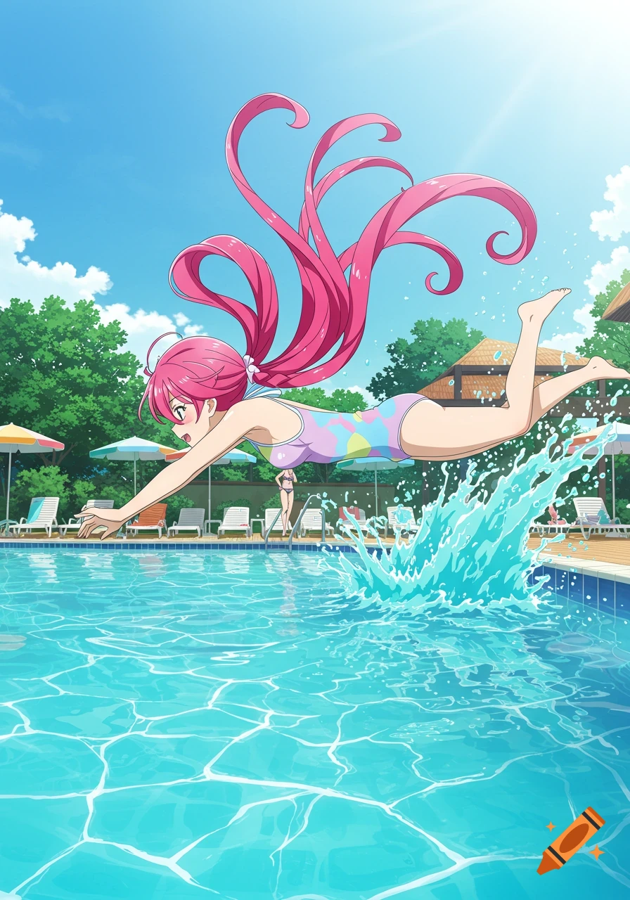 Anime girl with long pink hair diving into a clear blue swimming pool on a sunny day.