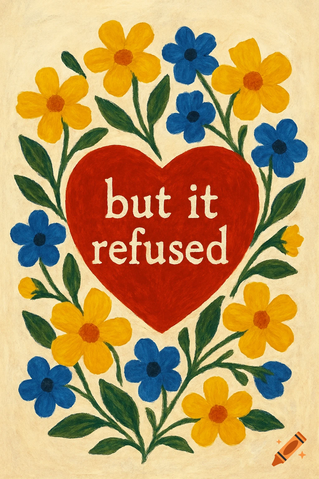 A red heart with the words "but it refused" in white, surrounded by yellow and blue flowers with green leaves on a light background, in a folk art style.