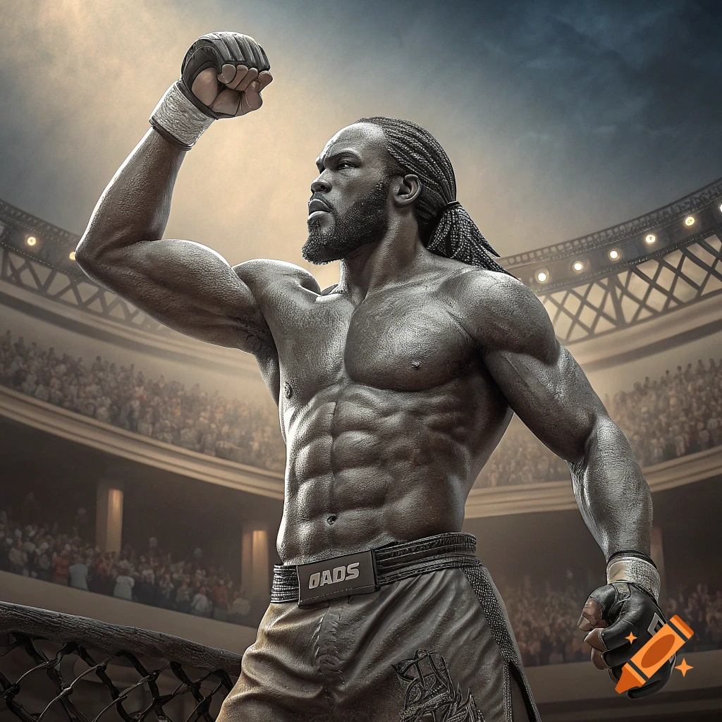 Photorealistic depiction of a muscular male fighter in an arena, raising his arm in victory.