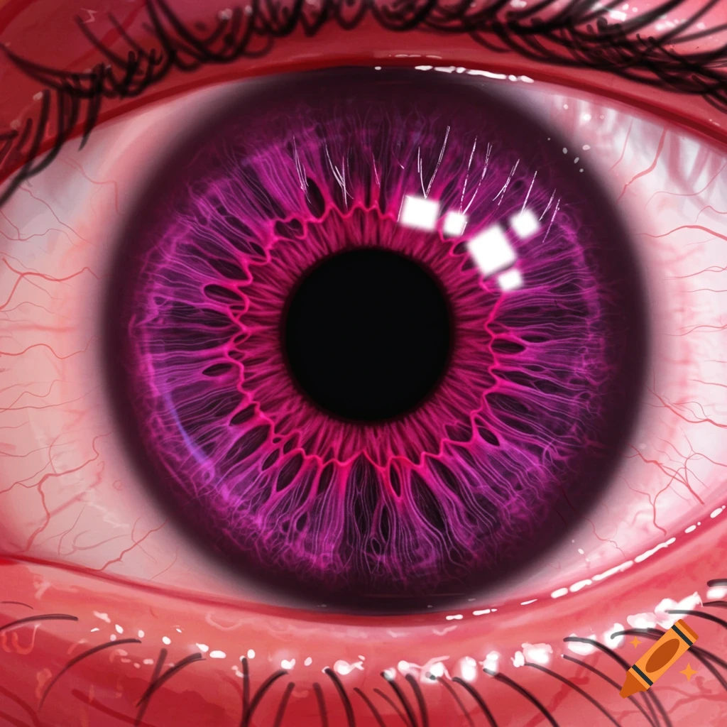 Close-up of a vibrant magenta eye with intricate purple rings around a black pupil and visible red veins.