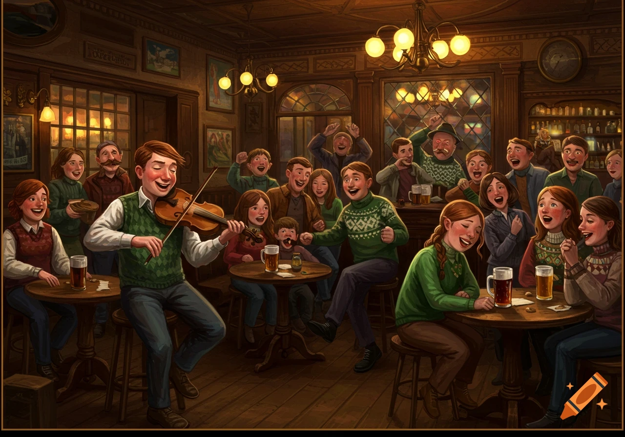 A vibrant illustration of a lively traditional Irish music session inside a cozy, dimly lit pub, with many people cheering and listening to a man playing the violin.