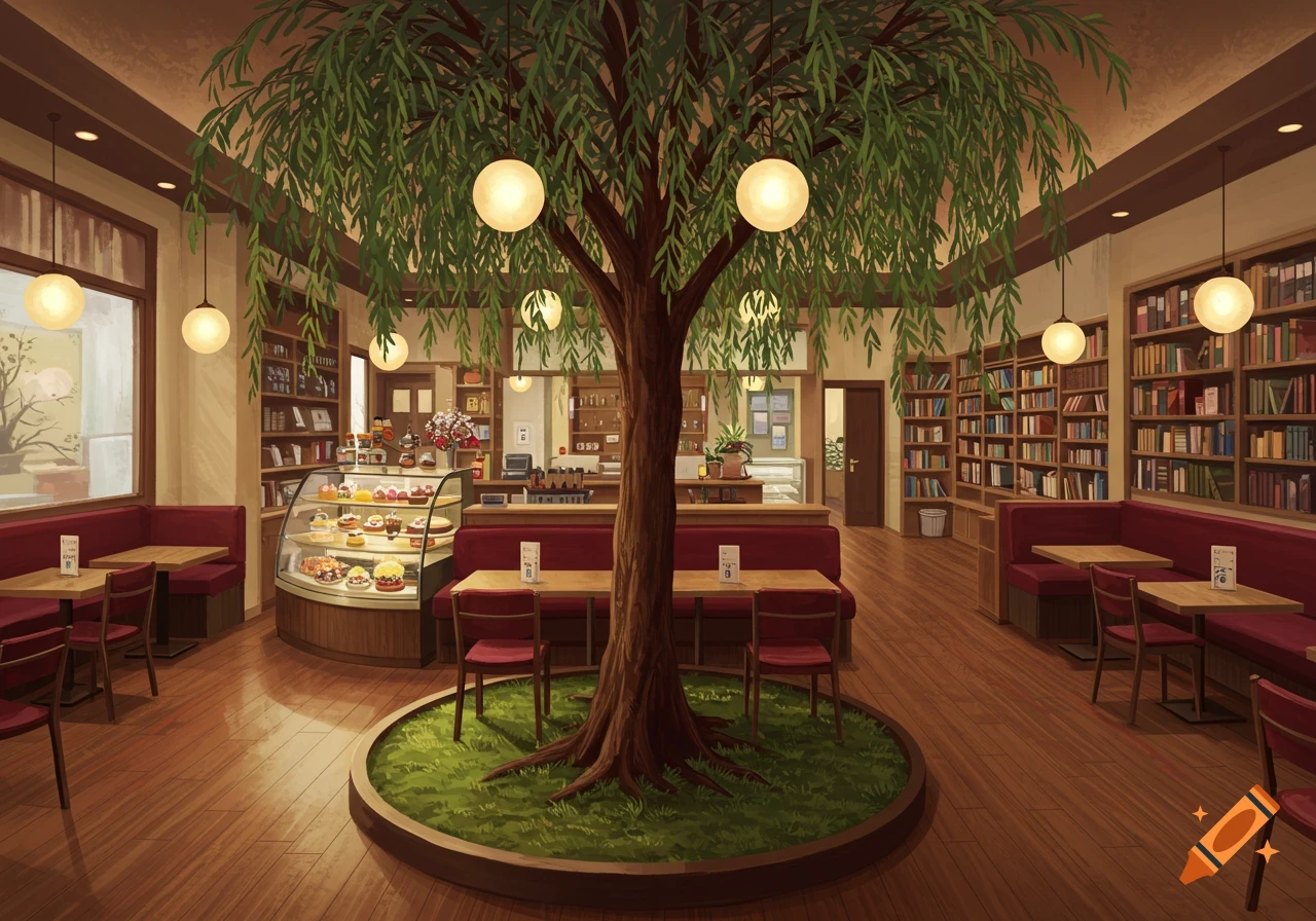 A cozy, illustrated cafe with a large tree centerpiece, red booths, wooden floors, bookshelves, and a pastry display.