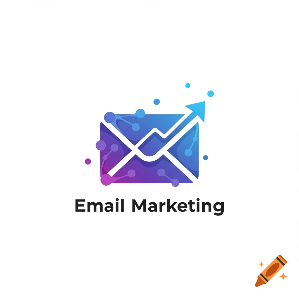 A logo for email marketing featuring a purple and blue envelope with an upward trending graph and dots, and the text 'Email Marketing' below.